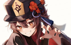 Rule 34 | 1girl, artist name, black hat, black nails, blush, branch, brown coat, brown hair, chinese clothes, coat, collared coat, fingernails, flower, flower-shaped pupils, genshin impact, hair between eyes, hands up, hat, hat flower, hat ornament, hat ribbon, highres, hu tao (genshin impact), jewelry, long fingernails, long hair, long sleeves, looking at viewer, mandarin collar, miyanami 3, nail polish, purple ribbon, red eyes, red flower, red shirt, ribbon, ring, shirt, sidelocks, simple background, smile, solo, symbol-shaped pupils, tassel, tassel hat ornament, teeth, twintails, upper body, watermark, white background, wide sleeves, wing collar