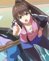 Rule 34 | 10s, 1girl, angry, ass, bow, breasts, brown hair, contrapposto, downblouse, green eyes, hair bow, hand on own hip, jacket, kondou mai, large breasts, leaning forward, pantyhose under shorts, long hair, mirror, multiple girls, official art, open mouth, pantyhose, ponytail, reflection, shorts, shouting, solo, solo focus, standing, track jacket, very long hair, wake up girls!, wake up girls! stage no tenshi, whistle