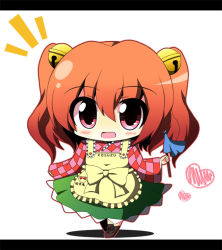 Rule 34 | 1girl, apron, bell, blush, character name, checkered clothes, checkered shirt, chibi, cleaning, clothes writing, duster, female focus, hair bell, hair ornament, heart, jingle bell, long sleeves, looking at viewer, motoori kosuzu, open mouth, red eyes, red hair, shirt, short hair, simple background, smile, solo, teen (teen629), touhou, twintails, two side up, white background, wide sleeves