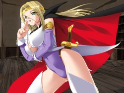 Rule 34 | 1girl, blonde hair, breasts, cape, circlet, ikazuchi no senshi raidy, large breasts, legs, leotard, lipstick, long hair, long legs, makeup, solo, sword, thighhighs, thighs, weapon, white thighhighs