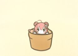 Rule 34 | 1girl, ahoge, beige background, blush, chibi, commentary, curcuma (flower knight girl), double bun, flower, flower knight girl, flower pot, hair flower, hair ornament, in container, koti, red hair, solid oval eyes, solo, stuffed animal, stuffed toy, teddy bear, x hair ornament