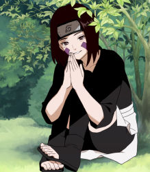 Rule 34 | 1girl, black footwear, black shirt, blush, brown eyes, brown hair, collarbone, facial mark, feet, forehead protector, konohagakure symbol, lazy rabbit, leaf, long sleeves, looking at viewer, miniskirt, naruto, naruto (series), nohara rin, outdoors, own hands together, parted lips, shirt, shoes, short hair, side slit, sitting, skirt, smile, solo, toeless footwear, toes, white skirt