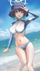 Rule 34 | 1girl, absurdres, arm up, beach, bikini, bikini bottom only, black hair, blue archive, blue bikini, blue sky, blush, breasts, bucket hat, cloud, cowboy shot, cropped jacket, day, fuenyuan, green eyes, green halo, hair between eyes, halo, hand up, hat, highres, horizon, jacket, large breasts, long sleeves, looking at viewer, multicolored clothes, multicolored jacket, navel, ocean, official alternate costume, open mouth, outdoors, raglan sleeves, rash guard, revision, saki (blue archive), saki (swimsuit) (blue archive), short hair, sky, smile, solo, standing, stomach, swimsuit, thighs, two-tone jacket, v, water
