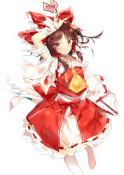 Rule 34 | 1girl, arm up, armpits, ascot, blush, bow, brown eyes, brown hair, collarbone, commentary request, detached sleeves, feet out of frame, frilled bow, frills, gohei, hair bow, hair tubes, hakurei reimu, highres, holding, long sleeves, looking at viewer, ofuda, red bow, red skirt, ribbon-trimmed skirt, ribbon trim, sakusyo, shide, short hair, sidelocks, simple background, skirt, skirt set, solo, torn clothes, torn sleeves, touhou, white background, white skirt, wide sleeves, yellow ascot, yin yang