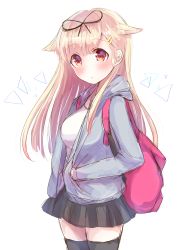 Rule 34 | 10s, 1girl, :o, backpack, bag, black skirt, black thighhighs, blonde hair, blue jacket, blush, casual, cowboy shot, hair flaps, hair ornament, hairclip, hand in pocket, highres, hood, hooded jacket, hoodie, jacket, kantai collection, long hair, looking at viewer, mochiko (mocchikkoo), open clothes, open jacket, orange eyes, pleated skirt, shirt, simple background, skirt, solo, standing, thighhighs, white background, white shirt, yuudachi (kancolle), yuudachi kai ni (kancolle), zettai ryouiki