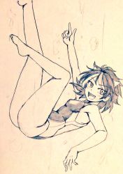 Rule 34 | 1girl, alternate costume, bare legs, barefoot, breasts, commentary request, competition swimsuit, covered navel, d-m (dii emu), eyelashes, greyscale, kijin seija, looking at viewer, monochrome, one-piece swimsuit, open mouth, short hair, swimsuit, touhou