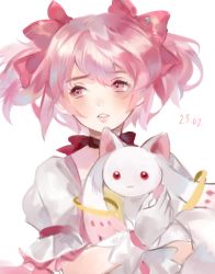 Rule 34 | 1girl, animal, aubz, blush, choker, close-up, commentary, commentary request, dated, english commentary, expressionless, eyelashes, furrowed brow, gloves, holding, holding animal, kaname madoka, kyubey, lips, looking away, mahou shoujo madoka magica, mahou shoujo madoka magica (anime), parted lips, pink eyes, pink hair, pink ribbon, puffy short sleeves, puffy sleeves, red choker, ribbon, ribbon choker, ribbon hair, short sleeves, short twintails, simple background, solo, teeth, twintails, upper body, white background, white gloves