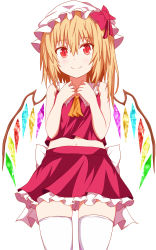 Rule 34 | 1girl, absurdres, armpit crease, back bow, bare arms, bare shoulders, blonde hair, bow, closed mouth, collar, cowboy shot, dress, flandre scarlet, frilled collar, frilled skirt, frills, furagu, hair between eyes, hat, hat bow, highres, looking at viewer, medium hair, midriff, mob cap, navel, one side up, red bow, red dress, red eyes, simple background, skirt, smile, solo, standing, thighhighs, touhou, white background, white bow, white collar, white hat, white thighhighs, wings, yellow neckwear, zettai ryouiki