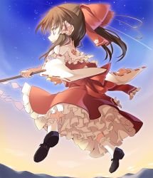 Rule 34 | 1girl, ascot, bad id, bad pixiv id, blue sky, bow, brown hair, detached sleeves, expressionless, facing away, flying, frilled skirt, frilled socks, frills, from below, gohei, hair bow, hair tubes, hakurei reimu, highres, ina (inadahime), mary janes, mountain, ponytail, red eyes, shoes, short hair, sidelocks, skirt, skirt set, sky, socks, solo, star (sky), starry sky, touhou, twilight