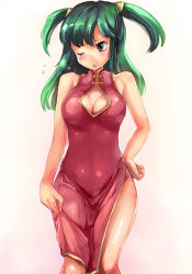 Rule 34 | 1girl, bad id, bad pixiv id, breasts, china dress, chinese clothes, cleavage, cleavage cutout, clothing cutout, dress, green eyes, green hair, hand on own hip, hip focus, large breasts, long hair, matching hair/eyes, one eye closed, original, solo, suoni (deeperocean), twintails, wink
