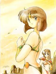 Rule 34 | 1980s (style), 1992, 2girls, armlet, armor, artist request, bare shoulders, bikini armor, bracelet, brown hair, circlet, copyright name, copyright request, cowboy shot, dated, hand on own hip, jewelry, kuninin, long hair, looking afar, looking to the side, multiple girls, navel, oldschool, outdoors, retro artstyle, revealing clothes, short hair, signature, sky, standing, wind, yellow sky