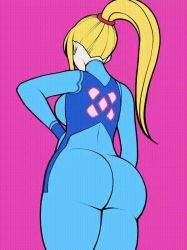 Rule 34 | 1girl, animated, animated gif, ass, ass shake, blonde hair, blue bodysuit, bodysuit, bouncing breasts, breasts, dancing, from behind, hand on own hip, huge ass, jam-orbital, large breasts, long hair, metroid, nintendo, pink background, ponytail, samus aran, solo, zero suit