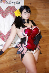 Rule 34 | 1girl, black hair, breasts, cattleya (queen&#039;s blade), cattleya (queen&#039;s blade) (cosplay), chouzuki maryou, cosplay, flower, glasses, green eyes, highres, hip focus, large breasts, photo (medium), plump, queen&#039;s blade, thick thighs, thighs, wide hips
