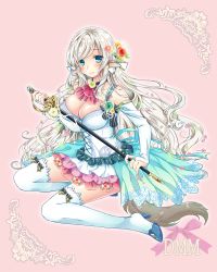 Rule 34 | 1girl, animal ears, aqua eyes, bare shoulders, blush, boots, bow legwear, breasts, bridal gauntlets, cleavage, dog ears, dog girl, dog tail, dress, flower, full body, hair flower, hair ornament, high heel boots, high heels, holding, holding weapon, knee boots, large breasts, long hair, looking at viewer, medium breasts, official art, original, over-kneehighs, pekopokox, quiz of walkure, rapier, silver hair, smile, solo, sword, tail, thighhighs, very long hair, weapon, white dress, white footwear, white thighhighs