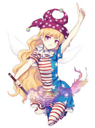Rule 34 | 1girl, american flag dress, american flag legwear, bare arms, blonde hair, clownpiece, dress, fairy wings, fire, full body, hat, highres, holding, index finger raised, jester cap, long hair, looking at viewer, neck ruff, pantyhose, pink eyes, polka dot, revision, short dress, short sleeves, simple background, smile, solo, star (symbol), star print, striped clothes, striped dress, striped pantyhose, torch, touhou, uranaishi (miraura), very long hair, wavy hair, white background, wings