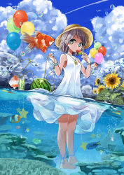 Rule 34 | + +, 1girl, air bubble, ankle ribbon, balloon, barefoot, bird, blue eyes, breasts, bubble, cloud, cloudy sky, cup, day, dress, drinking glass, drinking straw, eyebrows, fish, flower, flying fish, food, fruit, goldfish, grey hair, hat, highres, holding, jewelry, leg ribbon, looking at viewer, necklace, original, partially submerged, popsicle, rainys bill, ribbon, shaved ice, short hair, sky, sleeveless, sleeveless dress, small breasts, solo, standing, star (symbol), straw hat, sundress, sunflower, wading, watch, water, watermelon, watermelon bar, white dress, wristband, wristwatch