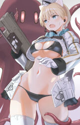 Rule 34 | 1girl, animal ears, bikini, bikini top only, blue eyes, brave witches, breasts, bullpup, cleavage, cropped jacket, gluteal fold, gun, highres, holding, holding gun, holding weapon, large breasts, lowlegist, navel, nikka edvardine katajainen, open mouth, panties, revealing clothes, shiny skin, short hair, solo, standing, swimsuit, tentacles, underboob, underwear, weapon, weasel ears, weasel girl, world witches series