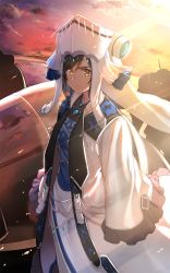 Rule 34 | 1girl, ainu clothes, aquaplus, black hair, blue dress, closed mouth, cloud, cloudy sky, coat, dawn, dress, eyes visible through hair, from side, hair between eyes, hat, highres, issiki, jewelry, kuon (utawarerumono), long dress, looking at viewer, mecha, necklace, official art, outdoors, reflection, robot, serious, sky, standing, standing on object, sunlight, utawarerumono, utawarerumono: futari no hakuoro, utawarerumono: lost flag, yellow eyes