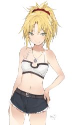 Rule 34 | 1girl, blonde hair, breasts, closed mouth, denim, denim shorts, fate/apocrypha, fate (series), green eyes, looking at viewer, lpip, mordred (fate), mordred (fate/apocrypha), mordred (memories at trifas) (fate), ponytail, shorts, simple background, smile, solo, white background