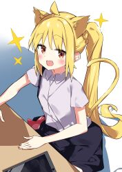 Rule 34 | 1girl, absurdres, animal ears, bag, black skirt, blonde hair, blush, bocchi the rock!, braid, brown eyes, cat ears, cat girl, cat tail, collared shirt, commentary request, dress shirt, grey shirt, highres, ijichi nijika, kemonomimi mode, long hair, looking at viewer, shirt, short sleeves, shoulder bag, side ponytail, skirt, solo, sparkle, suta0822, table, tablet pc, tail, very long hair, white background