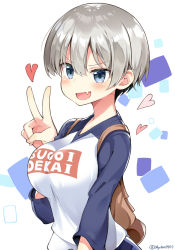 Rule 34 | 1girl, :d, backpack, bag, blue eyes, blush, breasts, clothes writing, commentary request, fang, grey hair, hair between eyes, hand up, heart, highres, large breasts, long sleeves, looking at viewer, myuton, open mouth, raglan sleeves, romaji text, shirt, smile, solo, sugoi dekai, twitter username, upper body, uzaki-chan wa asobitai!, uzaki hana, v, white background, white shirt