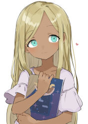 Rule 34 | 1girl, absurdres, aqua eyes, blonde hair, blush, book, closed mouth, collarbone, commentary, dark-skinned female, dark skin, dot nose, gazacy (dai), hands up, heart, highres, holding, holding book, idolmaster, idolmaster cinderella girls, idolmaster cinderella girls starlight stage, layla (idolmaster), long hair, looking at viewer, shirt, short sleeves, simple background, smile, solo, upper body, white background, white shirt