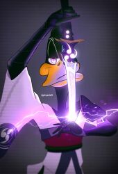 Rule 34 | 1boy, absurdres, armor, beak, black skin, colored skin, commentary, cosplay, crossdressing, crossover, daffy duck, detached sleeves, drawing sword, electricity, english commentary, furry, furry male, genshin impact, glowing, glowing sword, glowing weapon, half-closed eyes, highres, holding, holding sword, holding weapon, japanese clothes, katana, kimono, looney tunes, male focus, mitsudomoe (shape), musou isshin (genshin impact), pauldrons, plyad, purple eyes, purple kimono, raiden shogun, raiden shogun (cosplay), shoulder armor, single detached sleeve, single pauldron, solo, sword, sword between breasts, tomoe (symbol), twitter username, weapon, what