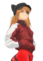 Rule 34 | 1girl, absurdres, animal hat, black hat, blue eyes, bodysuit, breasts, brown hair, closed mouth, evangelion: 3.0 you can (not) redo, expressionless, eyepatch, hands in pockets, hat, highres, jacket, long hair, medium breasts, neon genesis evangelion, pilot suit, plugsuit, rebuild of evangelion, red bodysuit, shaded face, simple background, solo, souryuu asuka langley, track jacket, white background, yunarisa haruka
