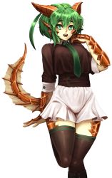 Rule 34 | 1girl, :d, barbariank, boots, brown shirt, brown thighhighs, copper dragon (d&amp;d), cowboy shot, dragon girl, dragon tail, dungeons &amp; dragons, fangs, fins, green eyes, green hair, green necktie, head fins, highres, horns, knee boots, looking at viewer, miniskirt, monster girl, necktie, open mouth, original, personification, scales, shirt, short hair, skirt, slit pupils, smile, solo, standing, standing on one leg, tail, teeth, thighhighs, transparent background, white skirt, zettai ryouiki