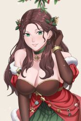 Rule 34 | 1girl, absurdres, bare shoulders, breasts, brown gloves, brown hair, choker, christmas, christmas ornaments, cleavage, collarbone, dorothea arnault (winter), earrings, elbow gloves, fire emblem, fire emblem: three houses, fire emblem heroes, fire emblem warriors: three hopes, fur trim, gloves, green choker, green eyes, grin, highres, ikhwan maulana, jewelry, large breasts, lips, long hair, looking at viewer, mistletoe, mistletoe hair ornament, nintendo, official alternate costume, official alternate hairstyle, parted lips, smile, solo, star (symbol), star choker, wavy hair