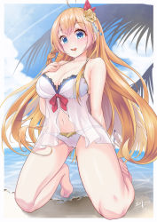 Rule 34 | 1girl, :p, absurdres, ahoge, barefoot, beach, bikini, blue eyes, blue sky, breasts, cloud, dated, day, flower, full body, hair flower, hair ornament, highres, kneeling, large breasts, long hair, looking at viewer, mikawa sansen, navel, ocean, orange hair, outdoors, pecorine (princess connect!), pecorine (summer) (princess connect!), princess connect!, rose, saliva, sand, signature, sky, solo, swimsuit, toes, tongue, tongue out, white bikini, yellow flower, yellow rose