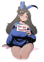Rule 34 | 1girl, animal ears, arm support, bare legs, blue sweater, borrowed character, breasts, bright pupils, collarbone, cropped legs, english text, grey hair, hair bun, head tilt, highres, holding, holding sign, huge breasts, invisible chair, long hair, long sleeves, looking at viewer, mole, mole under eye, original, parted bangs, plump, puffy long sleeves, puffy sleeves, qwetzo, rabbit ears, shadow, sign, simple background, single off shoulder, sitting, smile, sweater, thick eyebrows, thick thighs, thighs, white background, white pupils, yellow eyes