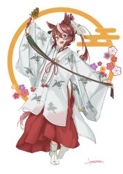 Rule 34 | 1girl, absurdres, alternate costume, animal ears, bell, blue eyes, blush, brown hair, dated, egasumi, full body, hakama, haori, highres, hip vent, holding, holding instrument, horse ears, horse girl, horse tail, instrument, japanese clothes, jingle bell, kagura suzu, kimono, long hair, long sleeves, looking at viewer, miko, multicolored hair, open mouth, outstretched arms, ponytail, red hakama, sagoromo 04, signature, smile, socks, solo, spread arms, standing, streaked hair, tabi, tail, tiptoes, tokai teio (umamusume), umamusume, white kimono, white socks, wide sleeves