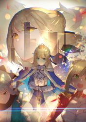 Rule 34 | 10s, 4girls, :d, armor, armored dress, artoria pendragon (all), artoria pendragon (fate), black scarf, blonde hair, blue bow, blue cloak, blue dress, bow, braid, breasts, cleavage, cloak, closed mouth, commentary request, crown, dress, enj!, epaulettes, fate/extra, fate/grand order, fate/stay night, fate (series), fur-trimmed cloak, fur trim, gauntlets, green eyes, hair bow, hair bun, hands on hilt, haori, highres, japanese clothes, juliet sleeves, kimono, koha-ace, large breasts, long sleeves, mordred (fate), mordred (fate/apocrypha), multiple girls, nero claudius (fate), nero claudius (fate) (all), nero claudius (fate/extra), okita souji (fate), okita souji (koha-ace), open mouth, planted, planted sword, planted weapon, puffy sleeves, red dress, saber (fate), saber alter, scarf, single hair bun, smile, sword, teeth, upper teeth only, weapon, white kimono, yellow eyes
