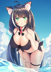 Rule 34 | 1girl, :o, absurdres, ahoge, alternate breast size, animal ear fluff, animal ears, bad id, bad pixiv id, bent over, bikini, black bikini, black hair, blue sky, blush, breasts, brooch, cat ears, cat girl, cleavage, cloud, day, fang, gem, green eyes, hair tie, hand on own chest, hand on own thigh, highres, jewelry, karyl (princess connect!), karyl (summer) (princess connect!), large breasts, long hair, looking at viewer, low twintails, multicolored hair, namuya (dlcjfgns456), open mouth, outdoors, princess connect!, sky, slit pupils, solo, streaked hair, swimsuit, thigh strap, twintails, very long hair, water, white hair