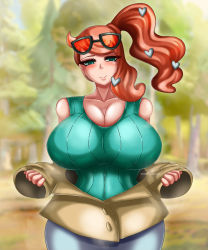 Rule 34 | 1girl, bare shoulders, blush, breasts, closed mouth, collarbone, creatures (company), eyewear on head, fenrox, forest, game freak, green eyes, hair ornament, half-closed eyes, highres, huge breasts, jacket, looking at viewer, nature, naughty face, nintendo, off shoulder, orange hair, outdoors, pokemon, pokemon swsh, side ponytail, smile, solo, sonia (pokemon)