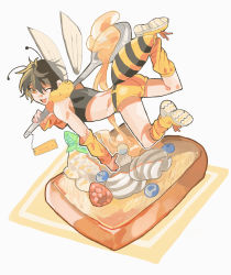 Rule 34 | 1boy, antennae, ass, bad id, bad pixiv id, bee boy, blueberry, boots, brown hair, fang, food, french toast, fruit, highres, honey, hymkky3, insect wings, looking at viewer, male focus, midriff, one eye closed, raspberry, shorts, simple background, skin fang, sleeveless, smile, spoon, tank top, whipped cream, wings, yellow eyes, yellow footwear, yellow shorts