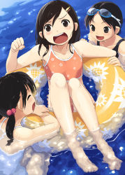 Rule 34 | 3girls, :d, afloat, bad id, bad pixiv id, barefoot, bikini, blush, brown eyes, brown hair, d:, goggles, goggles on head, hair bobbles, hair ornament, hairclip, innertube, multiple girls, one-piece swimsuit, open mouth, original, oryo (oryo04), partially submerged, smile, soaking feet, swim ring, swimsuit, tankini, teeth, water, wet