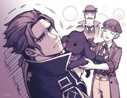 Rule 34 | 1girl, 2boys, ace attorney, amemomism, animal, averting eyes, barok van zieks, braid, closed eyes, closed mouth, coat, collared shirt, commentary request, dog, facial hair, gina lestrade, hat, holding, holding animal, holding dog, jacket, licking, licking another&#039;s face, looking at viewer, monochrome, multiple boys, mustache, necktie, open mouth, pants, scar, scar on face, shirt, short hair, sleeves rolled up, smile, the great ace attorney, the great ace attorney 2: resolve, tobias gregson, toby (ace attorney), tongue, tongue out, trembling, vest