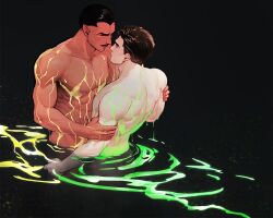 Rule 34 | 2boys, abs, bara, black hair, colored skin, completely nude, dc comics, facial hair, green lantern (series), hal jordan, holding another&#039;s arm, large pectorals, looking at another, male focus, multiple boys, muscular, muscular male, navel, nude, partially submerged, pectorals, red skin, short hair, sinestro, water, wet, yaoi, ykro7705