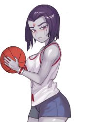 Rule 34 | 1girl, artist request, ball, basketball, basketball (object), basketball uniform, blush, breasts, cinko, colored skin, dc comics, forehead jewel, grey skin, holding, holding ball, jersey, looking at viewer, purple hair, raven (dc), short hair, shorts, simple background, solo, sportswear, teen titans, white background, wristband, young adult