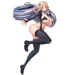 Rule 34 | 1girl, ao-2 raven, ass, bikini, black thighhighs, blonde hair, blush, boots, breasts, chain, chain necklace, full body, game cg, grin, highres, huge breasts, jetpack, last origin, long hair, looking at viewer, midriff, navel, necklace, official art, one eye closed, purple eyes, raven (last origin), sima (startwitch), smile, solo, swimsuit, tachi-e, thigh boots, thighhighs, thighs, transparent background, wrist belt