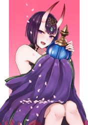 Rule 34 | 1girl, blush, bottle, cherry blossoms, fangs, fate/grand order, fate (series), gradient background, headpiece, holding, holding bottle, horns, japanese clothes, kimono, looking at viewer, open mouth, orii (orii i), petals, pink background, purple eyes, purple hair, purple kimono, short hair, shuten douji (fate), sitting, skin-covered horns, smile, solo, teeth, thick eyebrows