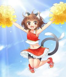 Rule 34 | 1girl, alternate costume, animal ears, armpits, arms up, bike shorts, bike shorts under skirt, blue sky, brown eyes, brown hair, cat ears, cat tail, cheerleader, chen, cloud, day, ear piercing, earrings, fang, ibaraki natou, jewelry, jumping, looking at viewer, midriff, multiple tails, navel, nekomata, open mouth, piercing, pom pom (cheerleading), red footwear, shirt, shoes, shorts, shorts under skirt, single earring, skirt, sky, sleeveless, sleeveless shirt, smile, solo, sunlight, tail, touhou