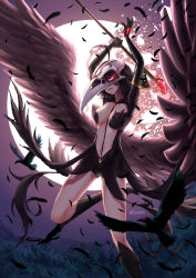 Rule 34 | 1girl, adsouto, alternate costume, arms up, artist name, bird, black dress, black footwear, black hair, boots, breasts, breasts apart, broken moon, cleavage, commentary, crossed bangs, dress, elbow gloves, english commentary, facing viewer, feathers, forest, gloves, glowing, glowing eyes, hair between eyes, highres, hood, hood up, large breasts, long hair, mature female, moon, nature, night, open mouth, raven branwen, red eyes, revealing clothes, rwby, shorts, skull on head, solo, staff, wings