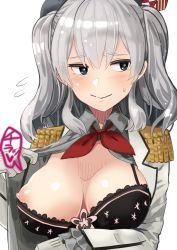 Rule 34 | 10s, 1girl, black bra, black eyes, blush, bra, breasts, breasts apart, closed mouth, collared shirt, epaulettes, eyebrows, flying sweatdrops, frilled sleeves, frills, gloves, grey shirt, hair between eyes, head tilt, heart, highres, kantai collection, kashima (kancolle), long hair, long sleeves, looking away, medium breasts, neck ribbon, nipple slip, nipples, one breast out, open clothes, open shirt, puffy nipples, red ribbon, ribbon, shirt, silver hair, simple background, smile, solo, speech bubble, strap pull, sweatdrop, torimahera, translated, twintails, underwear, upper body, wavy mouth, white background, white gloves, wing collar