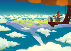 Rule 34 | 1other, cloud, cloudy sky, creature, fantasy, flying, flying whale, grass, katou oswaldo, original, sky, tree, whale