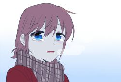 Rule 34 | 1girl, blue background, blue eyes, blush, breath, brown scarf, commentary request, gbcqn0304, girls band cry, gradient background, iseri nina, jacket, korean commentary, parted lips, plaid, plaid scarf, red hair, red jacket, scarf, short twintails, simple background, solo, tearing up, tears, twintails, upper body, white background