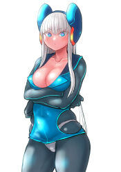 Rule 34 | 1girl, blue dress, blue eyes, bodysuit, breasts, cleavage, closed mouth, collarbone, commentary request, crossed arms, dress, electro emilia, expressionless, headgear, hime cut, ken (koala), long hair, long sleeves, looking at viewer, medium breasts, microdress, neon trim, original, panties, shiny skin, skin tight, solo, underwear, white background, white hair, white panties