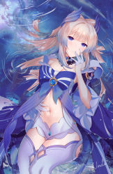 Rule 34 | 1girl, absurdres, afloat, artist name, bare shoulders, blue bow, blunt bangs, bow, breasts, cleavage, commentary request, detached collar, detached sleeves, genshin impact, gloves, gradient hair, grey thighhighs, hand on own face, hand on own stomach, highres, large bow, long hair, long sleeves, multicolored hair, navel, ninelie, parted lips, pink hair, purple eyes, purple hair, revealing clothes, ripples, sangonomiya kokomi, signature, small breasts, solo, stomach, strapless, thighhighs, very long hair, vision (genshin impact), water, white gloves